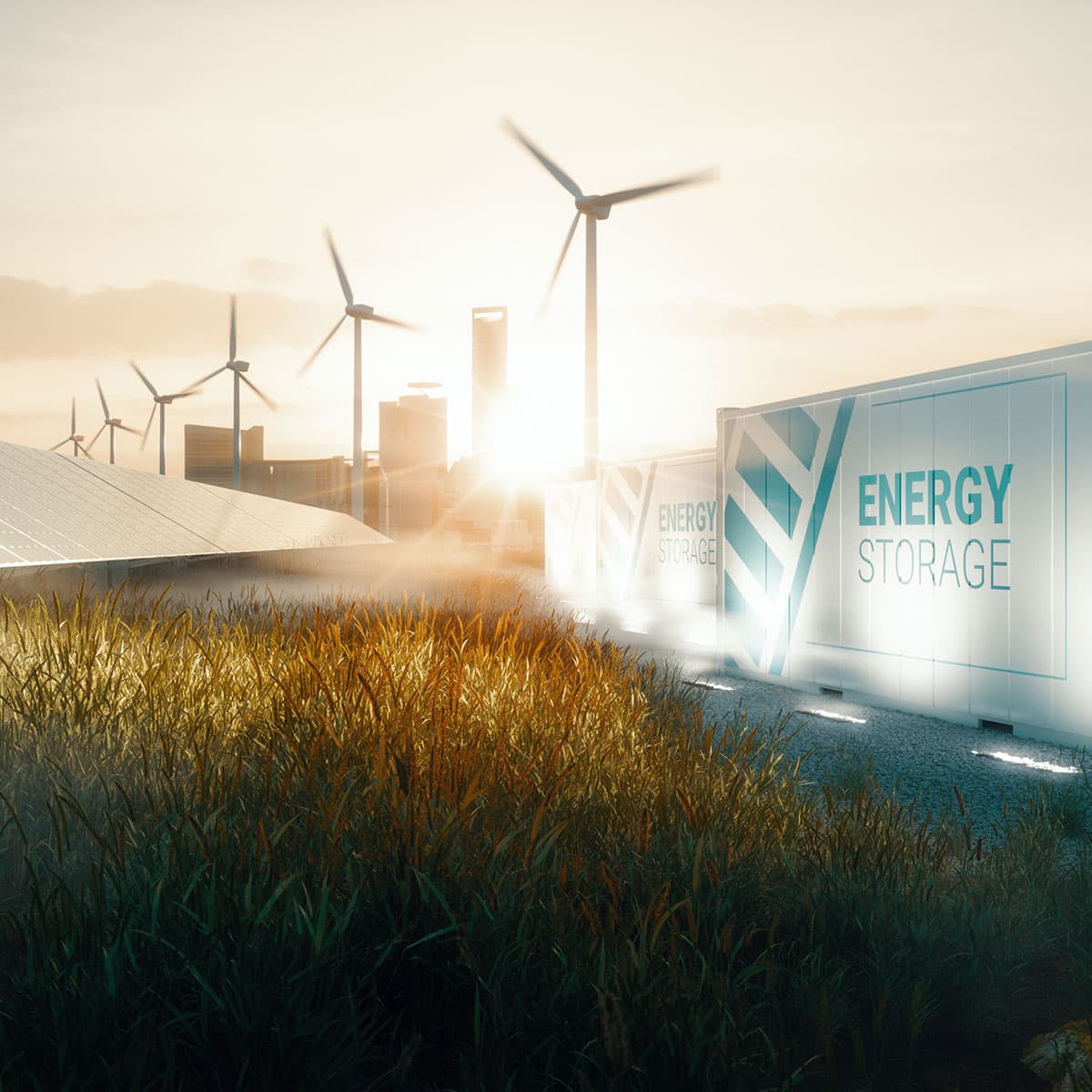 Containerbasierte Energiespeicheranlage neben Windrädern und Solarpaneelen bei Sonnenaufgang